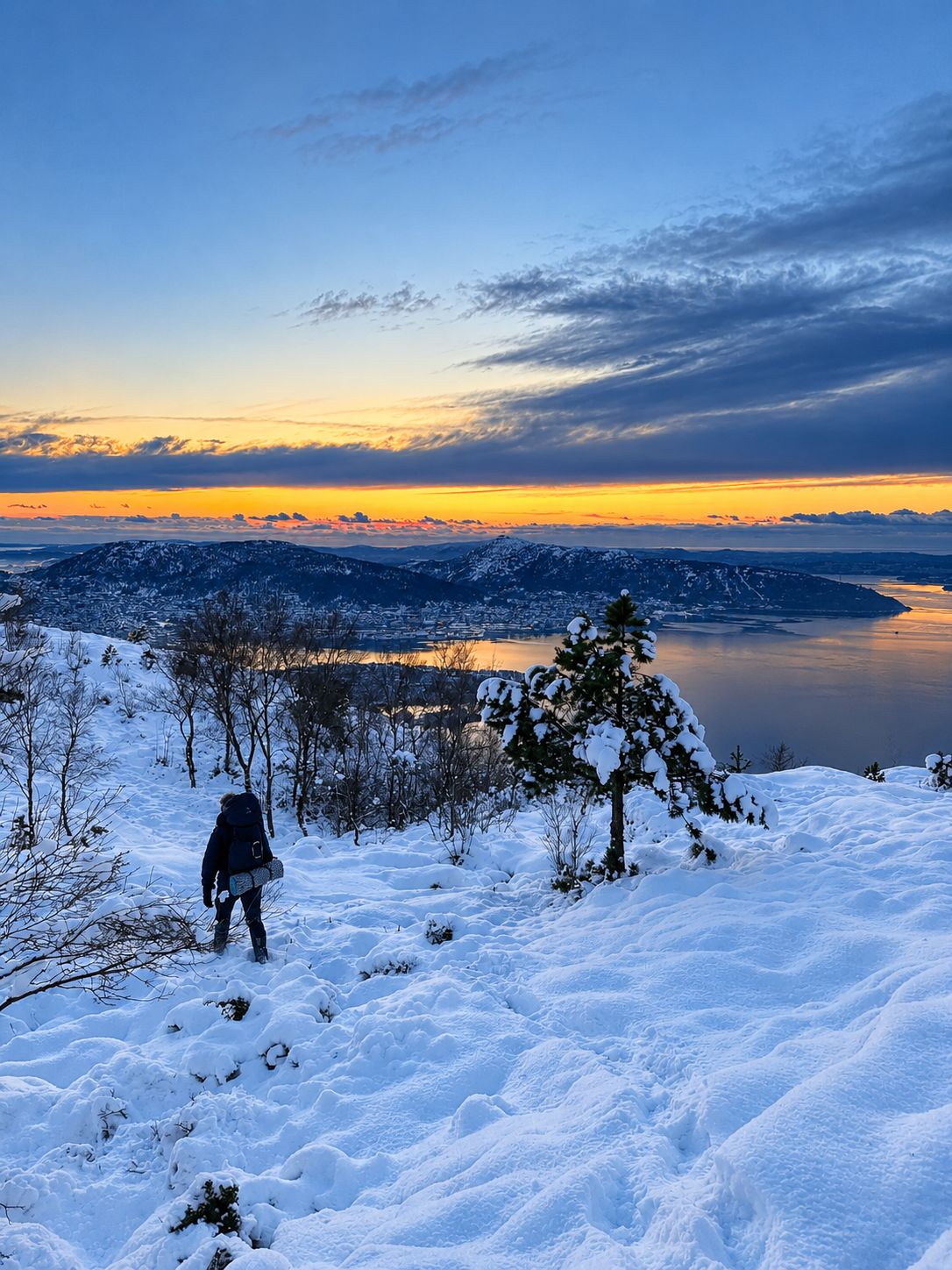 Turgåer med sekk i snø, solnedgang over fjord og by i bakgrunnen